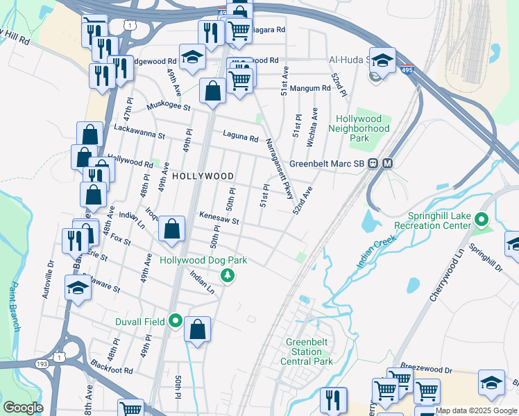 map of restaurants, bars, coffee shops, grocery stores, and more near 9610 51st Place in College Park