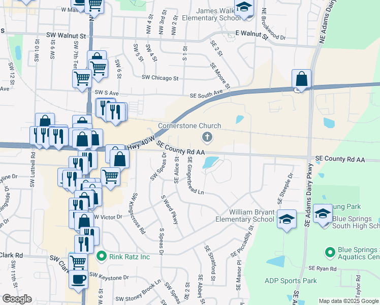 map of restaurants, bars, coffee shops, grocery stores, and more near 309 Southeast AA Highway in Blue Springs
