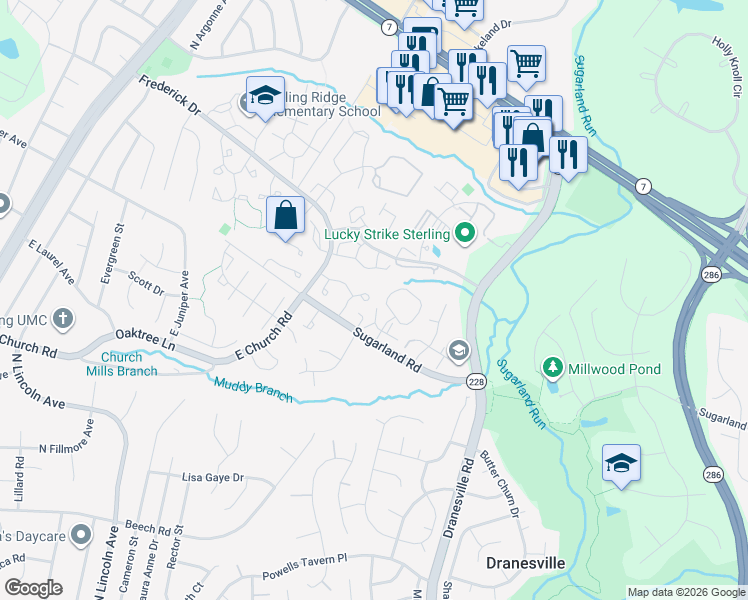 map of restaurants, bars, coffee shops, grocery stores, and more near 21928 Greentree Terrace in Sterling