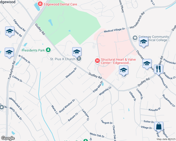 map of restaurants, bars, coffee shops, grocery stores, and more near 2980 Sequoia Drive in Edgewood