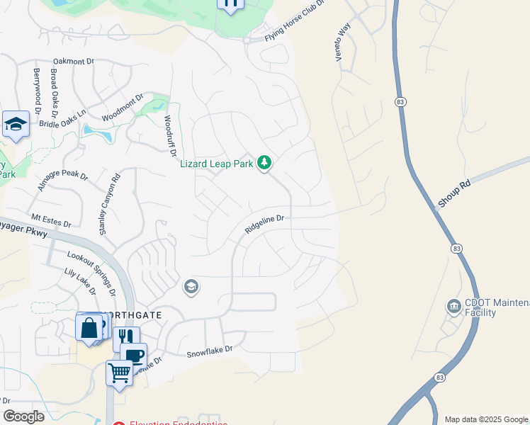 map of restaurants, bars, coffee shops, grocery stores, and more near 1955 Walnut Creek Court in Colorado Springs