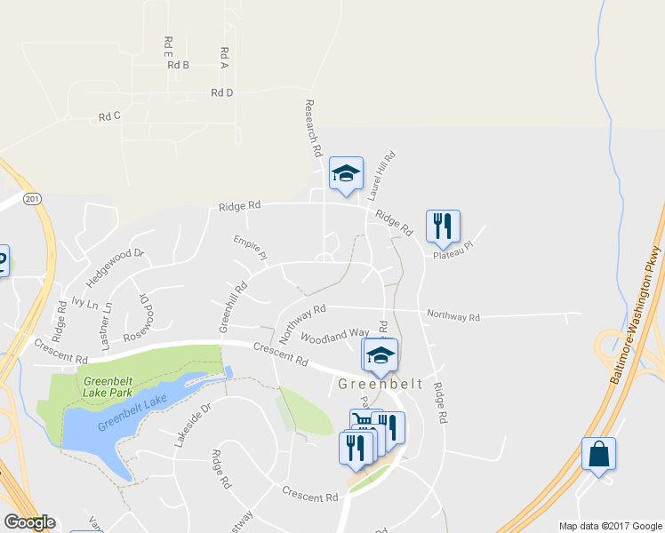 map of restaurants, bars, coffee shops, grocery stores, and more near 195 Hillside Road in Greenbelt