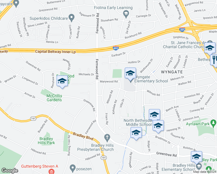 map of restaurants, bars, coffee shops, grocery stores, and more near 9204 Wilmett Court in Bethesda