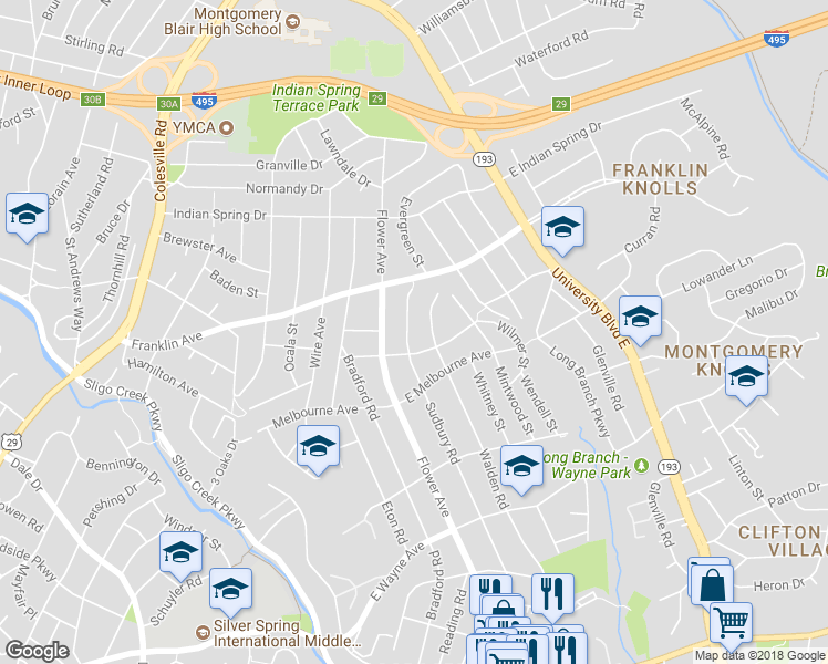 map of restaurants, bars, coffee shops, grocery stores, and more near 9307 Sudbury Road in Silver Spring