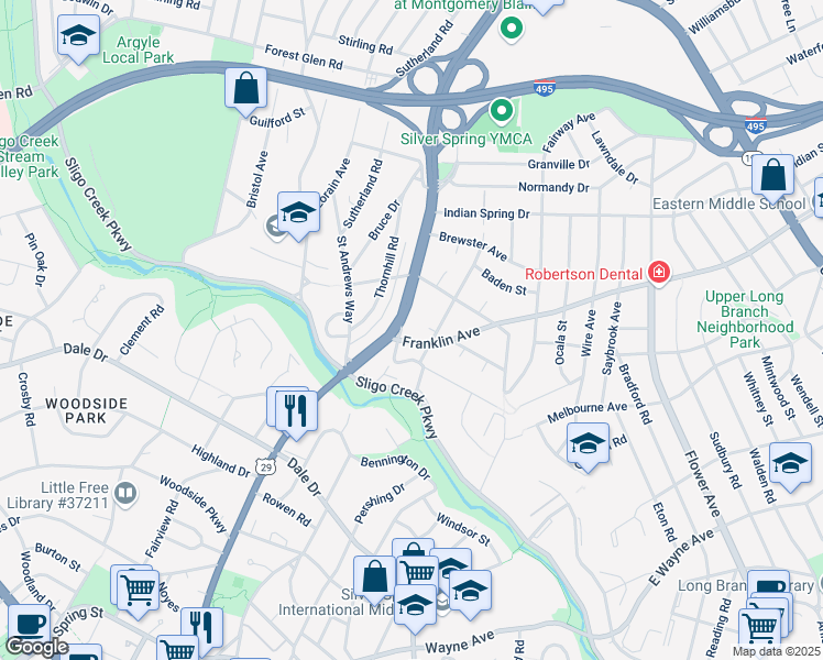 map of restaurants, bars, coffee shops, grocery stores, and more near 9403 Colesville Road in Silver Spring