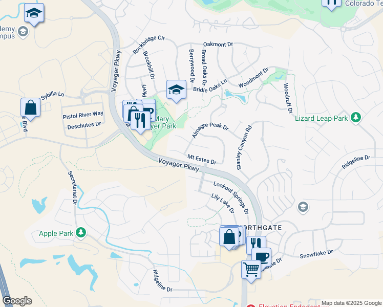 map of restaurants, bars, coffee shops, grocery stores, and more near 1224 Mount Estes Drive in Colorado Springs