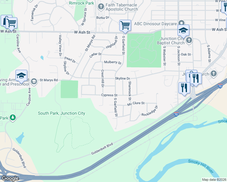 map of restaurants, bars, coffee shops, grocery stores, and more near 1324 South Garfield Street in Junction City
