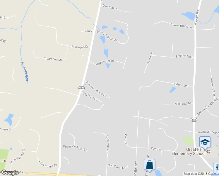 map of restaurants, bars, coffee shops, grocery stores, and more near 10420 Patrician Woods Court in Great Falls