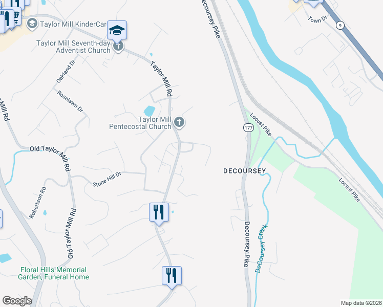 map of restaurants, bars, coffee shops, grocery stores, and more near 689 Colonial Court in Taylor Mill