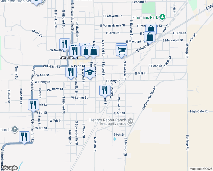 map of restaurants, bars, coffee shops, grocery stores, and more near 201 East 1st Street in Staunton
