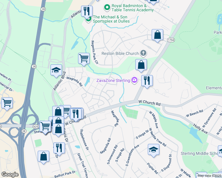 map of restaurants, bars, coffee shops, grocery stores, and more near 21980 Box Car Square in Sterling