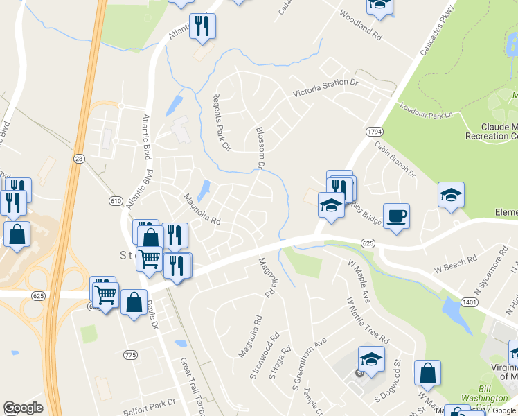 map of restaurants, bars, coffee shops, grocery stores, and more near 21980 Box Car Square in Sterling