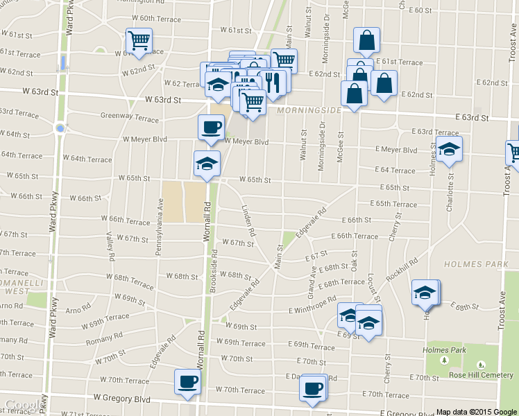 map of restaurants, bars, coffee shops, grocery stores, and more near 104 West 66 Street in Kansas City