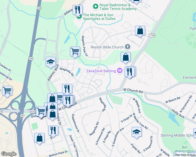 map of restaurants, bars, coffee shops, grocery stores, and more near 21976 Box Car Square in Sterling