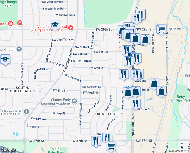 map of restaurants, bars, coffee shops, grocery stores, and more near 1225 Southwest Cornwall Street in Topeka