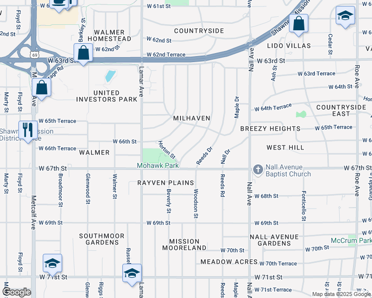 map of restaurants, bars, coffee shops, grocery stores, and more near 6656 Milhaven Drive in Mission
