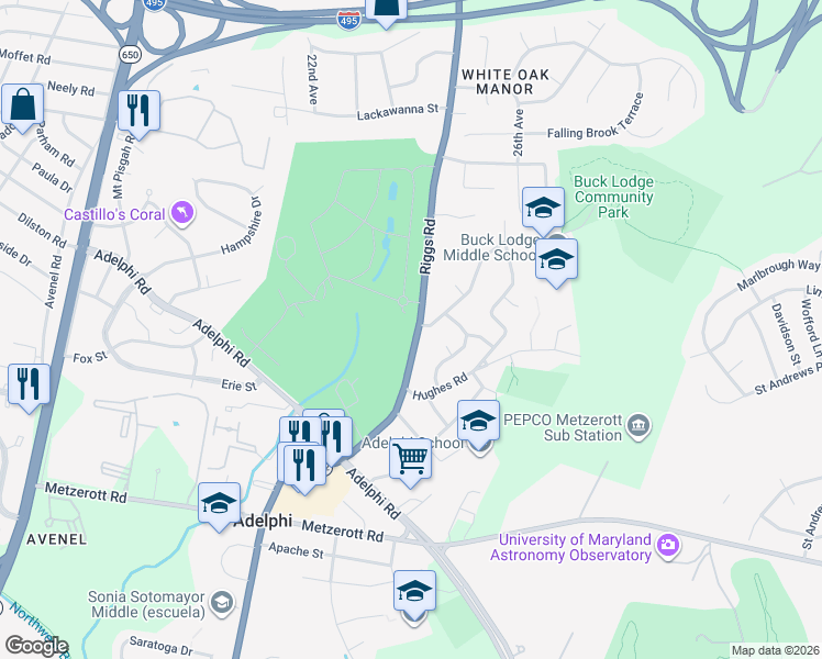 map of restaurants, bars, coffee shops, grocery stores, and more near 9442 Riggs Road in Hyattsville