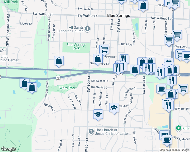 map of restaurants, bars, coffee shops, grocery stores, and more near 1724 U.S. 40 in Blue Springs