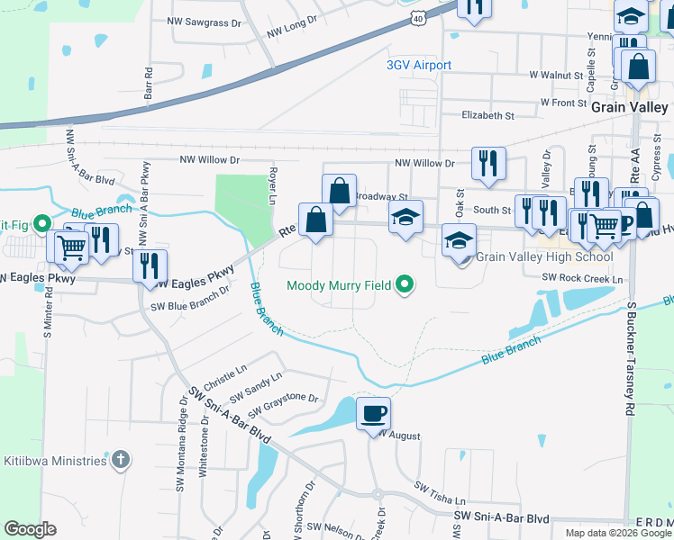 map of restaurants, bars, coffee shops, grocery stores, and more near 112 Southwest Cross Creek Drive in Grain Valley