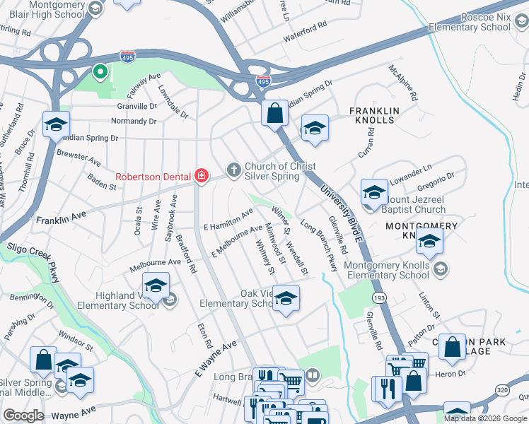 map of restaurants, bars, coffee shops, grocery stores, and more near 9307 Mintwood Street in Silver Spring