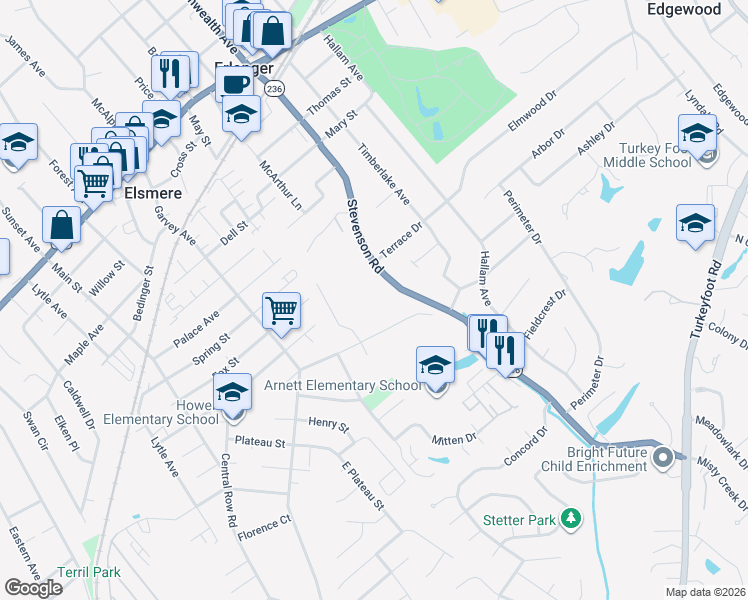 map of restaurants, bars, coffee shops, grocery stores, and more near 517 Stevenson Rd in Erlanger