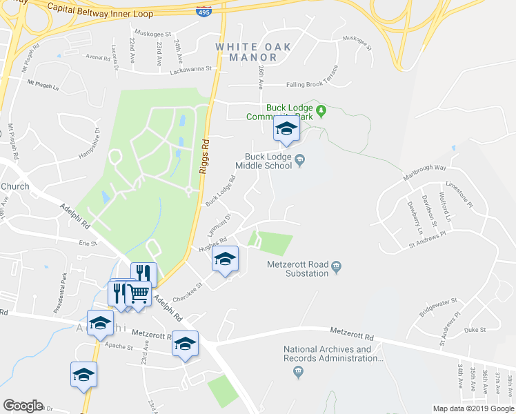 map of restaurants, bars, coffee shops, grocery stores, and more near 2609 Hughes Road in Adelphi