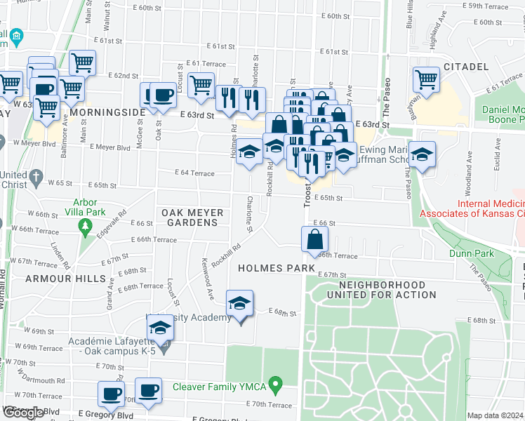 map of restaurants, bars, coffee shops, grocery stores, and more near 6523 Charlotte Street in Kansas City
