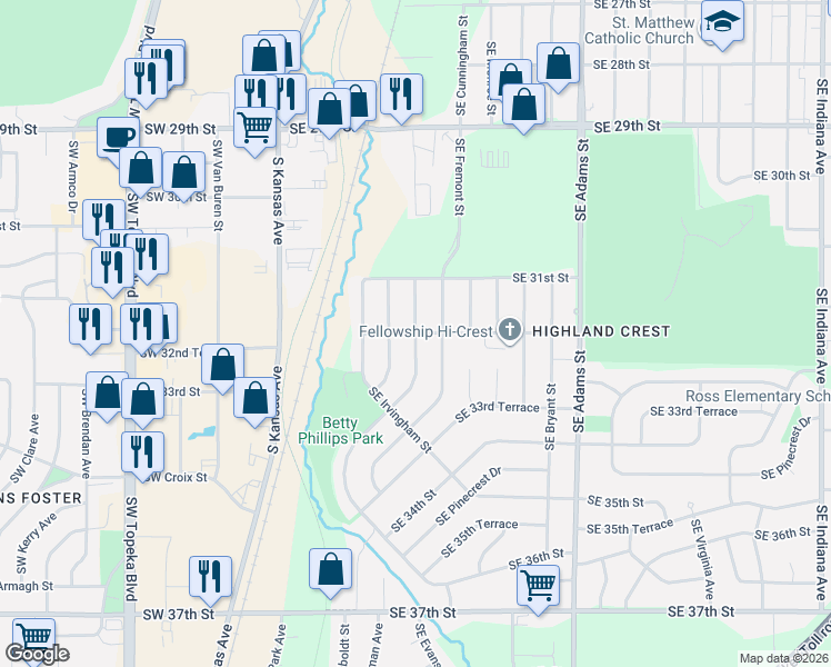 map of restaurants, bars, coffee shops, grocery stores, and more near 299 Southeast Golf Park Boulevard in Topeka