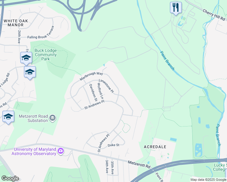 map of restaurants, bars, coffee shops, grocery stores, and more near 9237 Limestone Place in College Park