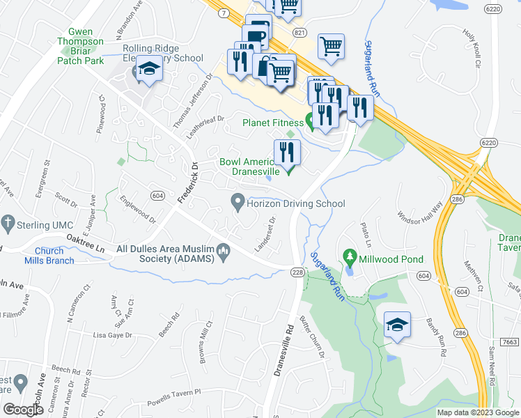 map of restaurants, bars, coffee shops, grocery stores, and more near 21943 Muirfield Circle in Sterling