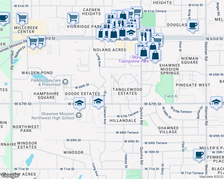 map of restaurants, bars, coffee shops, grocery stores, and more near 12131 West 66th Street in Shawnee
