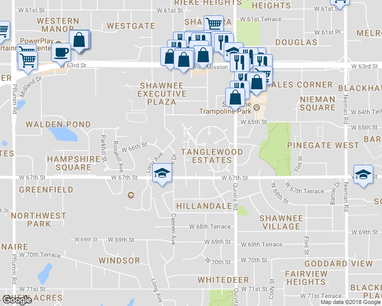 map of restaurants, bars, coffee shops, grocery stores, and more near 12111 West 66th Street in Shawnee
