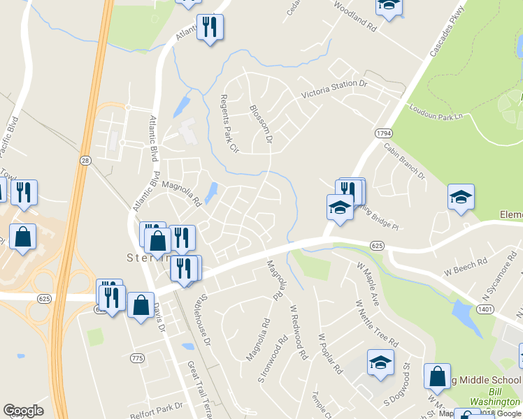 map of restaurants, bars, coffee shops, grocery stores, and more near 21970 Box Car Square in Sterling