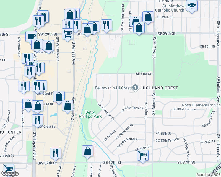 map of restaurants, bars, coffee shops, grocery stores, and more near 301 Southeast Golf Park Boulevard in Topeka