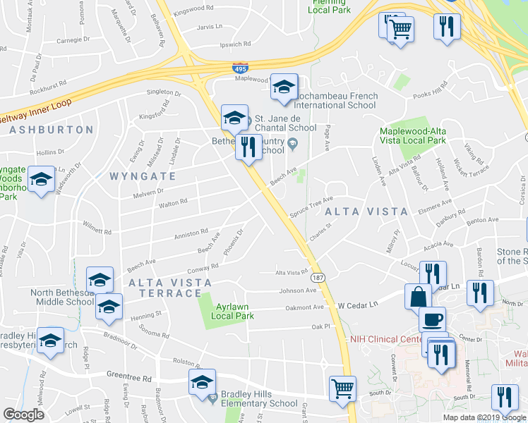 map of restaurants, bars, coffee shops, grocery stores, and more near 9307 Singleton Drive in Bethesda