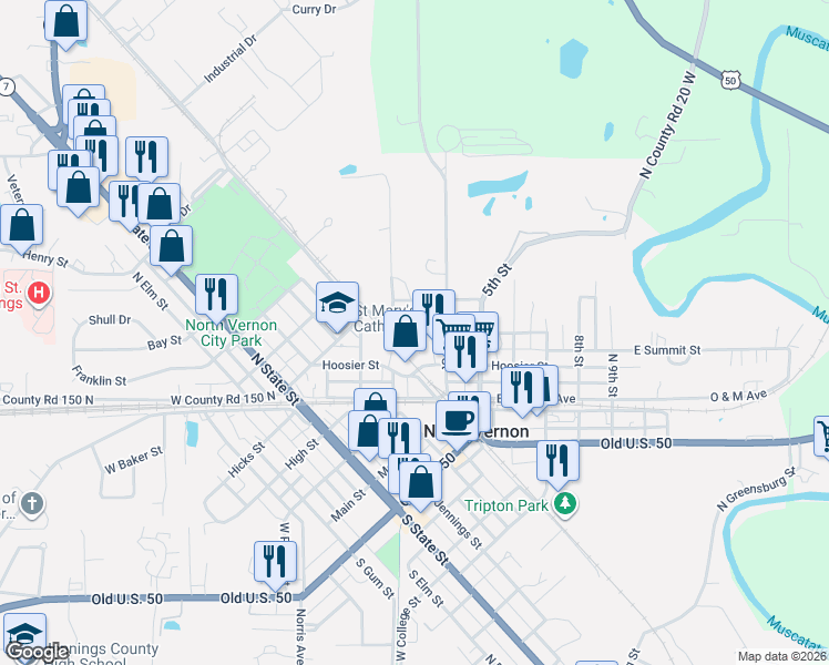 map of restaurants, bars, coffee shops, grocery stores, and more near 355 Summit Street in North Vernon