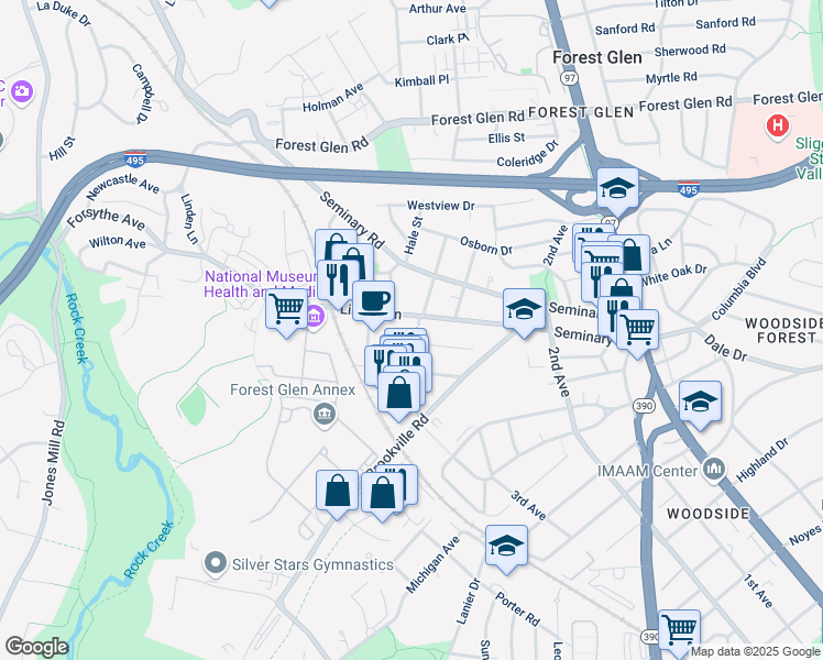 map of restaurants, bars, coffee shops, grocery stores, and more near 9314 Warren Street in Silver Spring