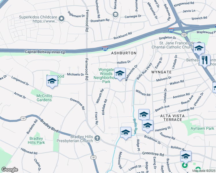 map of restaurants, bars, coffee shops, grocery stores, and more near 6501 Wilmett Road in Bethesda