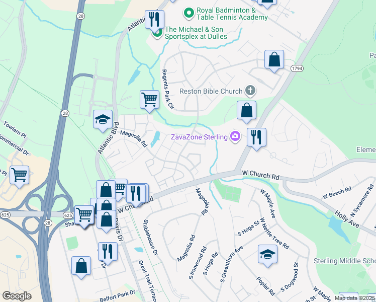 map of restaurants, bars, coffee shops, grocery stores, and more near 21962 Box Car Square in Sterling