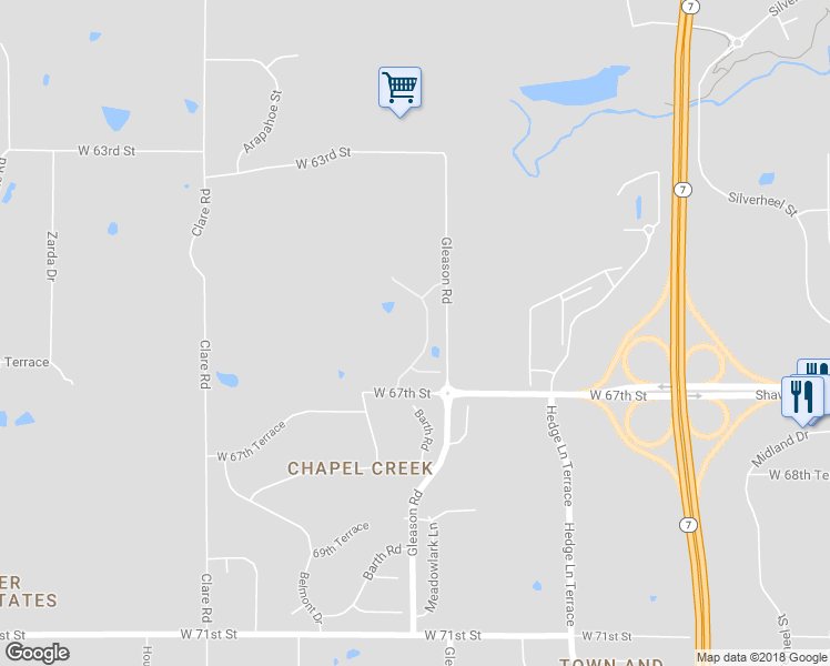 map of restaurants, bars, coffee shops, grocery stores, and more near 6532 Barth Road in Shawnee