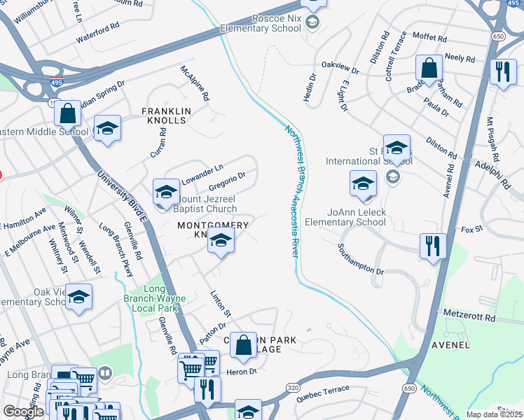 map of restaurants, bars, coffee shops, grocery stores, and more near 1000 Daleview Drive in Silver Spring