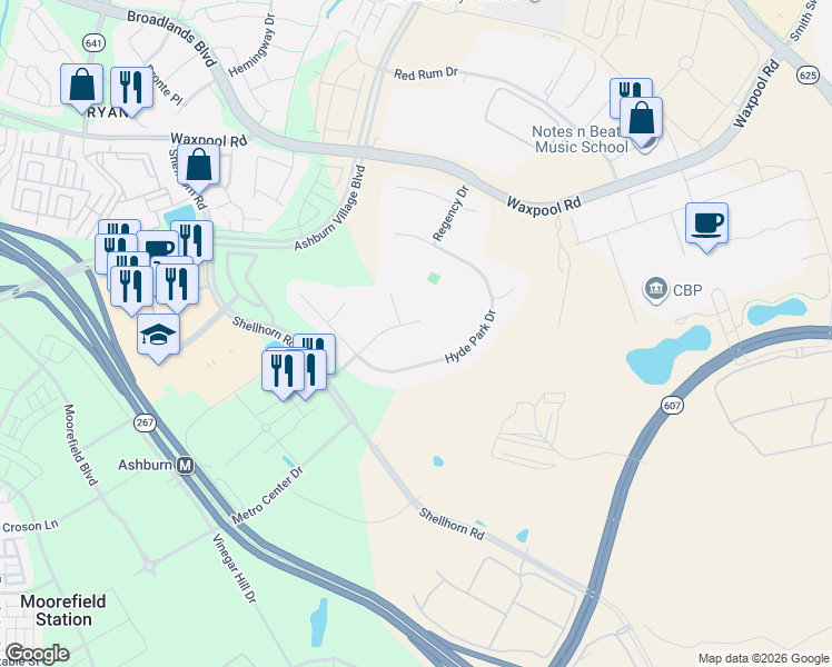 map of restaurants, bars, coffee shops, grocery stores, and more near 43869 Hartley Pl in Ashburn