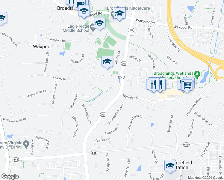 map of restaurants, bars, coffee shops, grocery stores, and more near 21971 Sunstone Court in Broadlands