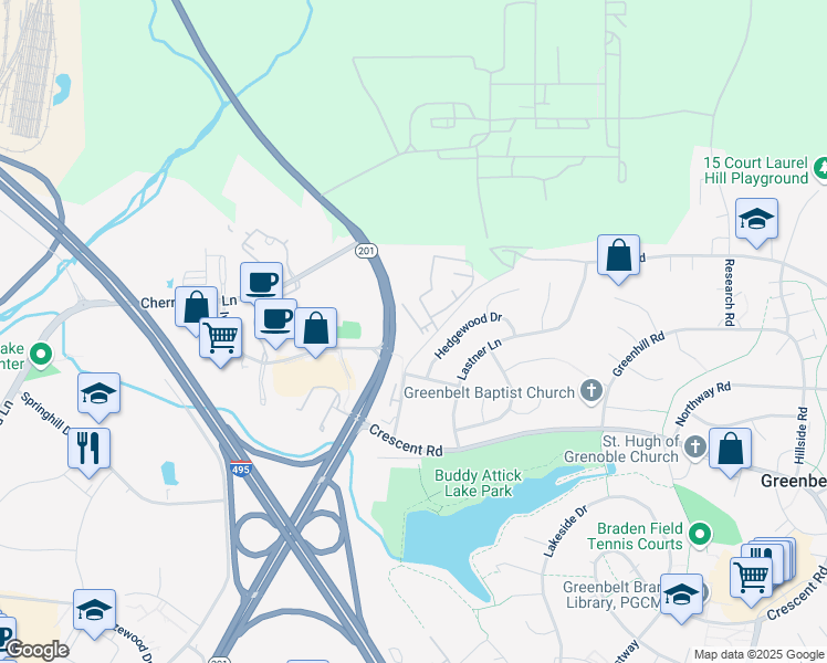 map of restaurants, bars, coffee shops, grocery stores, and more near 444 Ridge Road in Greenbelt