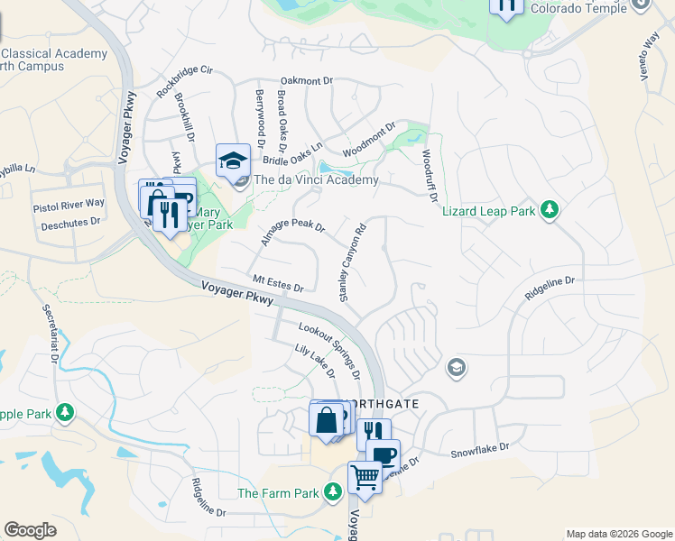 map of restaurants, bars, coffee shops, grocery stores, and more near 12232 Stanley Canyon Road in Colorado Springs