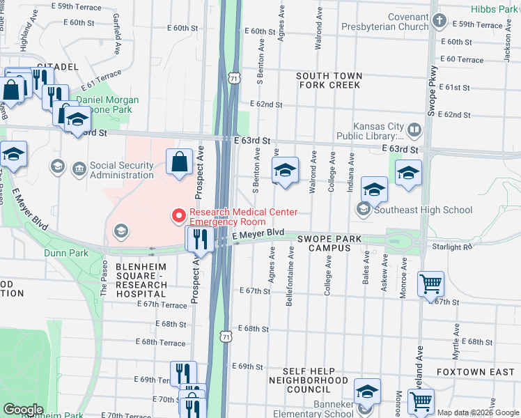 map of restaurants, bars, coffee shops, grocery stores, and more near 6441 South Benton Avenue in Kansas City
