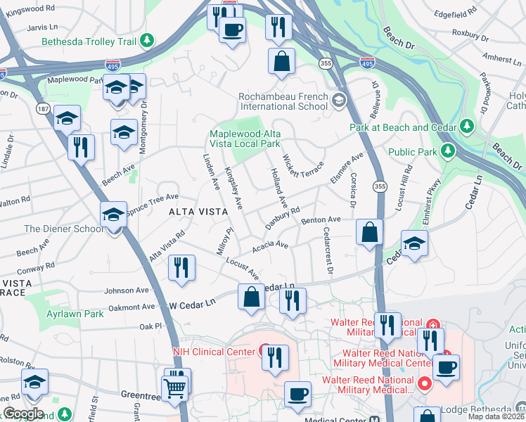 map of restaurants, bars, coffee shops, grocery stores, and more near 5210 Elsmere Ave in Bethesda