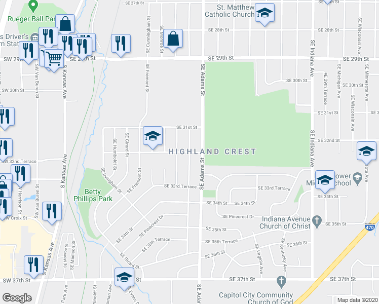 map of restaurants, bars, coffee shops, grocery stores, and more near SE Bryant St & SE Golf Park Blvd in Topeka