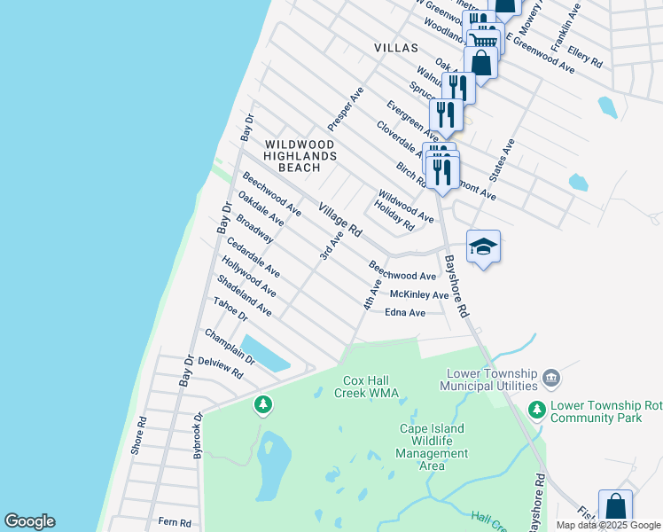 map of restaurants, bars, coffee shops, grocery stores, and more near 124 Oakdale Avenue in Villas