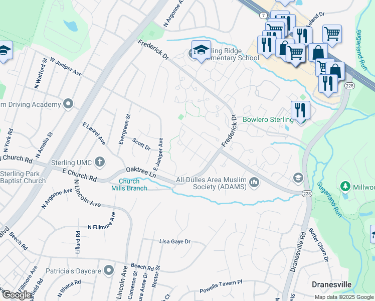 map of restaurants, bars, coffee shops, grocery stores, and more near 21050 Emerson Court in Sterling